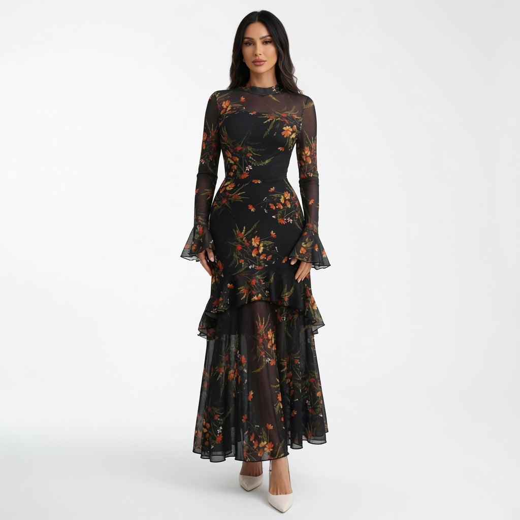 The Elara Sheer Mesh Tiered Ruffle Maxi Dress