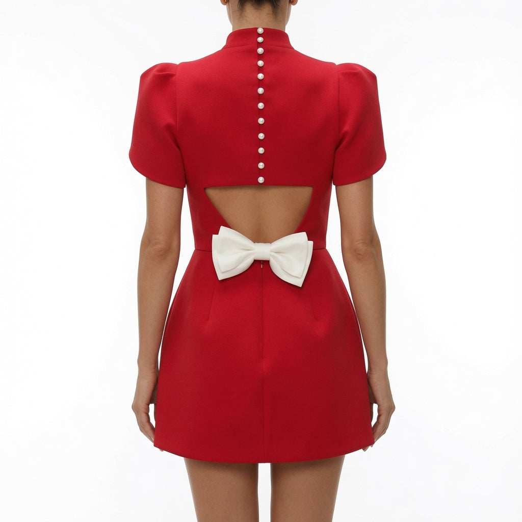 The Elara Bow Back Mock Neck Mini Dress