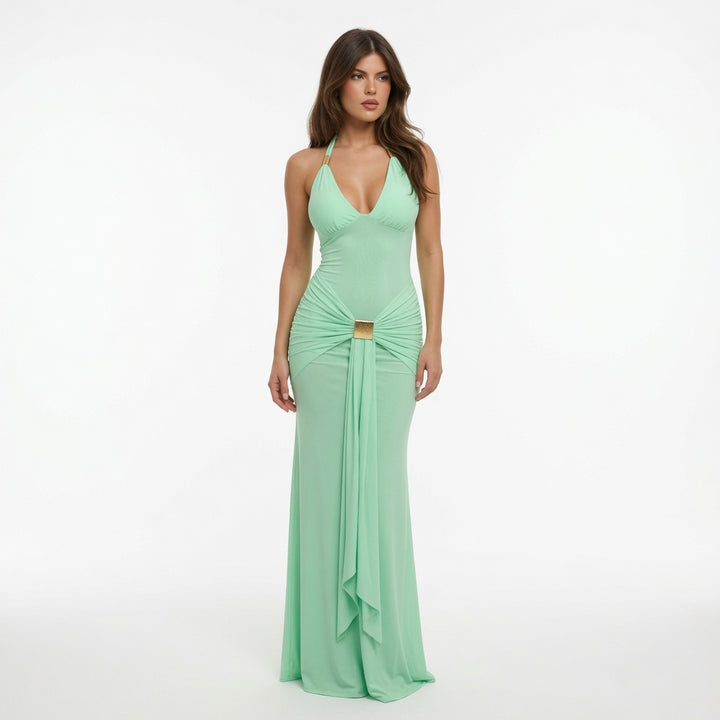 The Elara Celeste Gold Detail Halter Maxi Dress