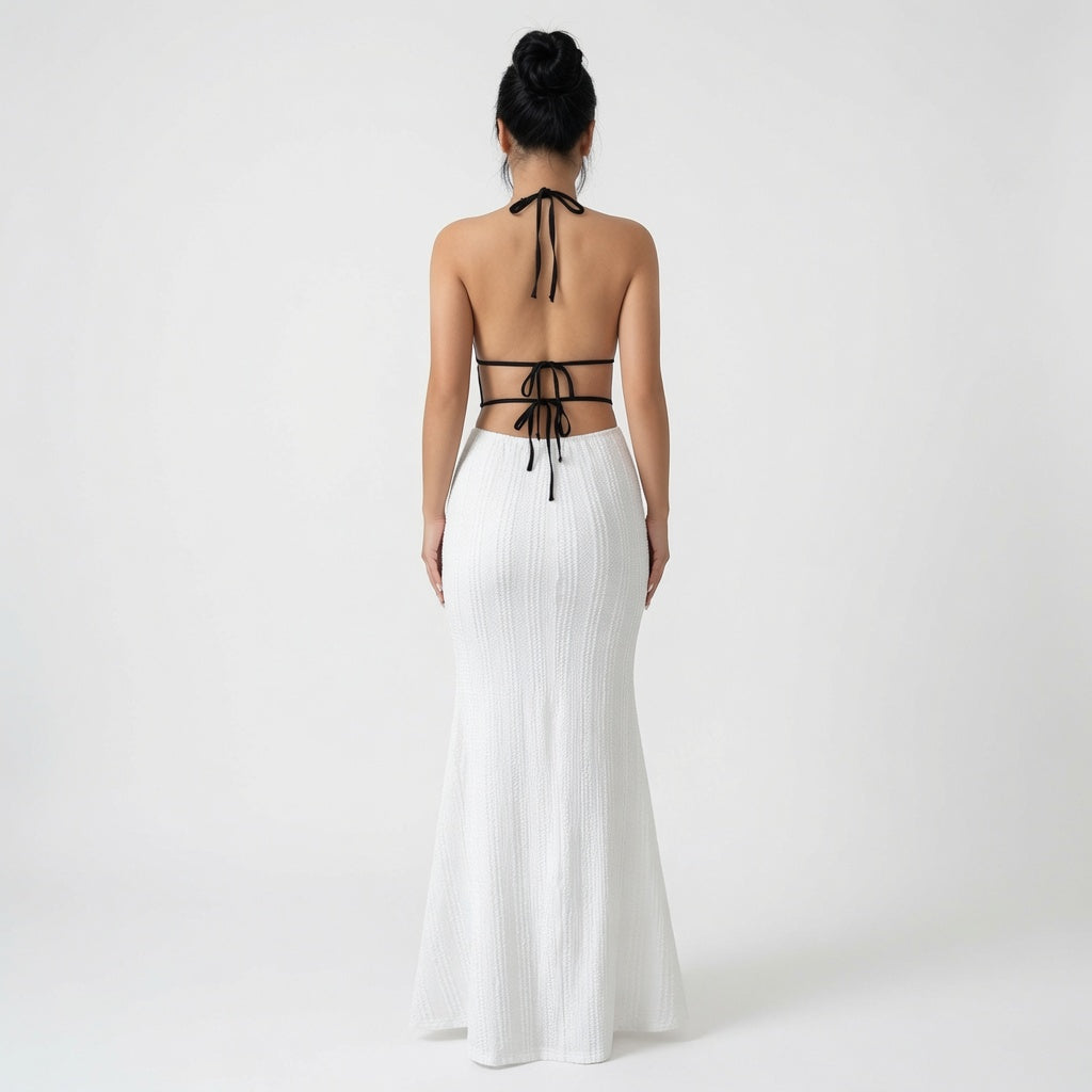 The Elara Contrast Trim Halter Backless Maxi Dress