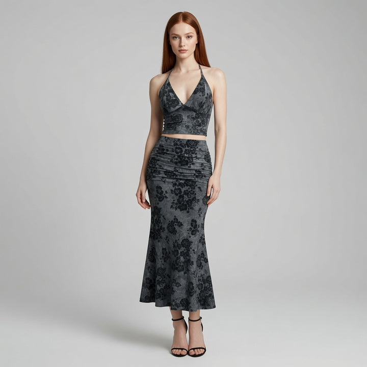The Elara Floral Halter Deep V Ruched Fishtail Set