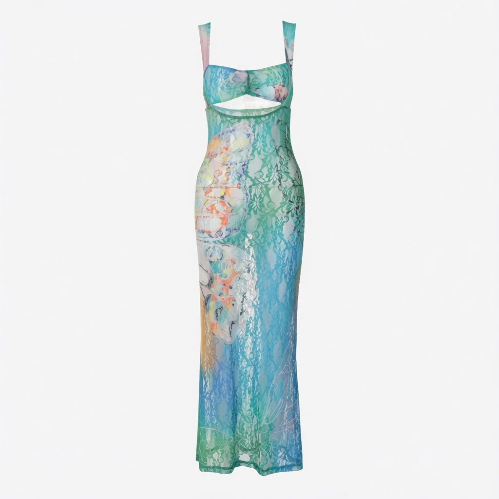 The Elara Mermaid Mesh Print Maxi Dress