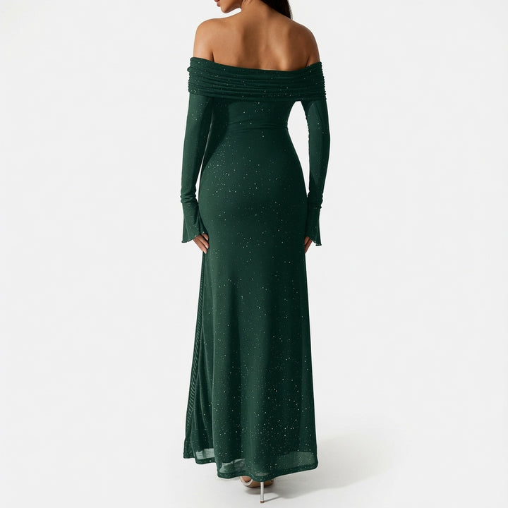 The Elara Stardust Off Shoulder Ruched Maxi Dress