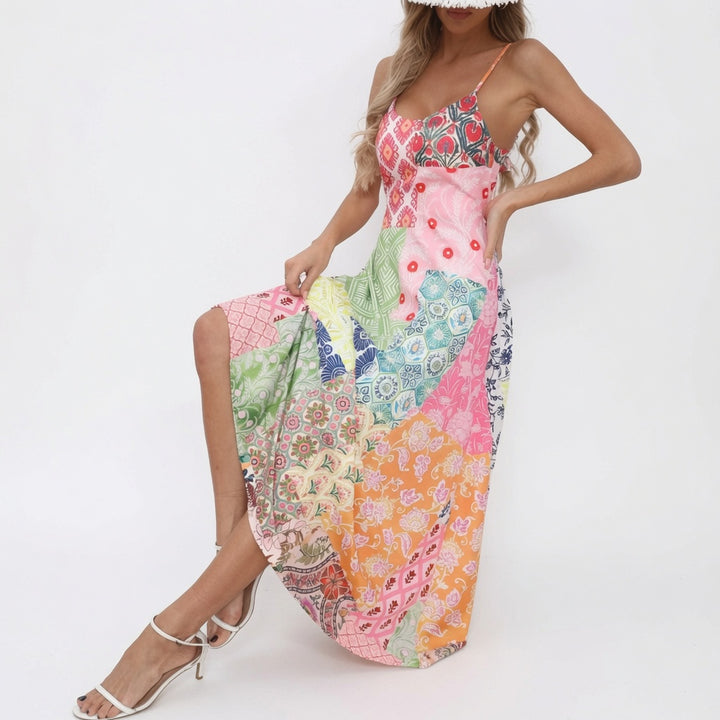 The Elara Bohemian Patchwork Open Back Tie Maxi Dress