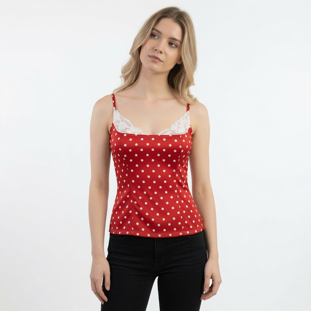 The Elara Polka-Dot Lace Illusion Cami Top