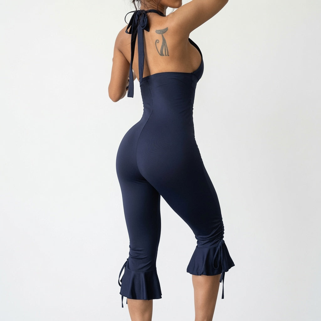 The Elara Deep V  Ruffle Flare Capri Jumpsuit