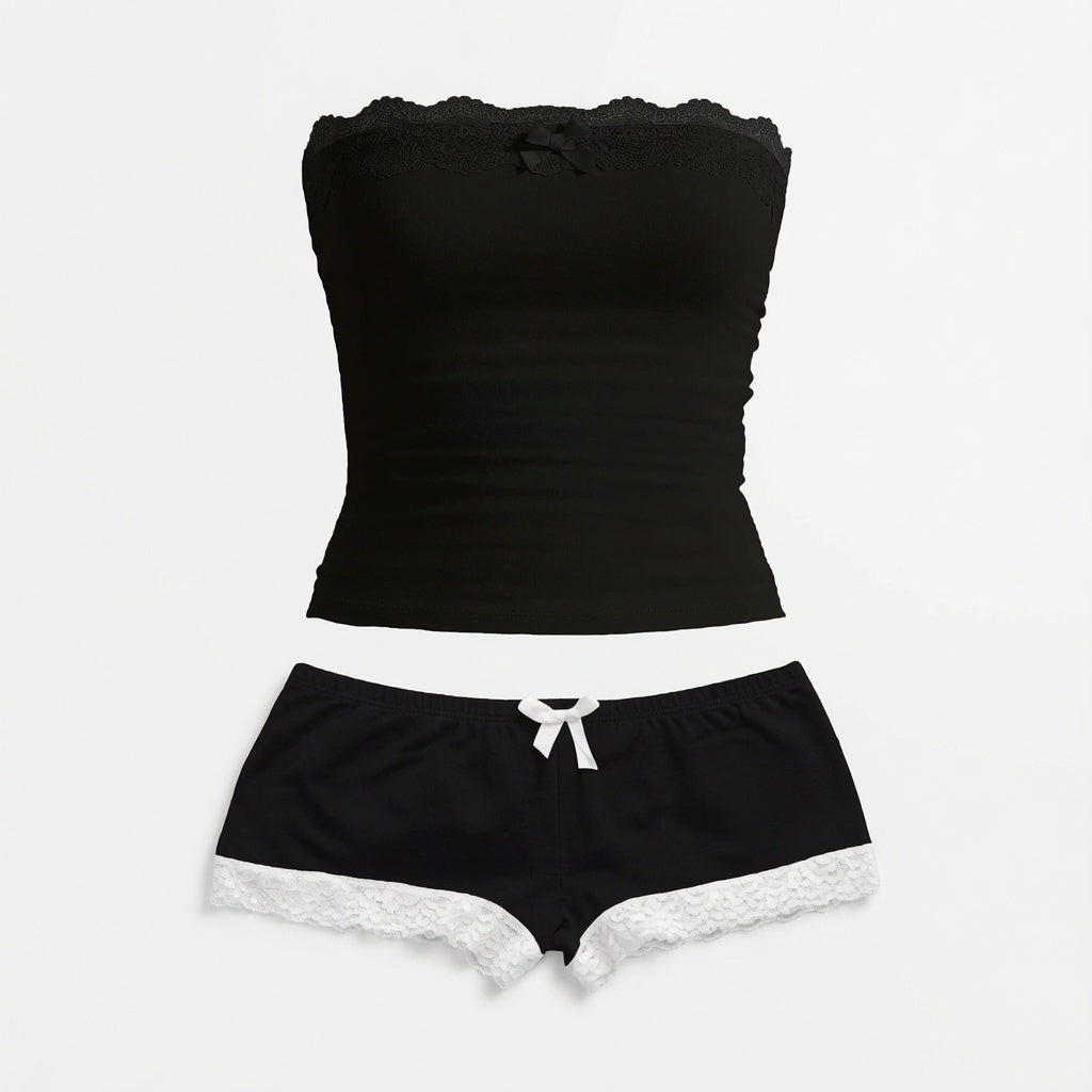 The Elara Ruched Lace-Trim Tube Top &amp; Shorts Set