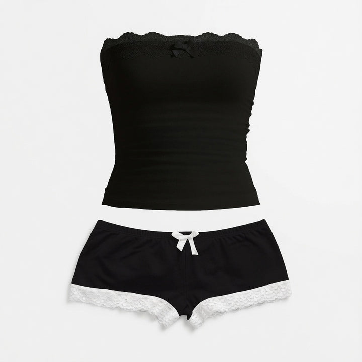 The Elara Ruched Lace-Trim Tube Top &amp; Shorts Set