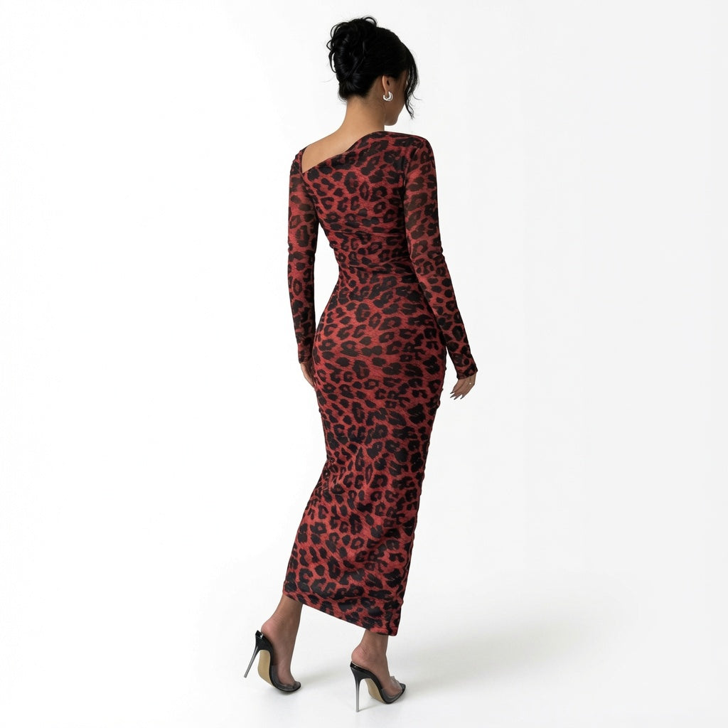 The Elara One-Shoulder Leopard Split Maxi