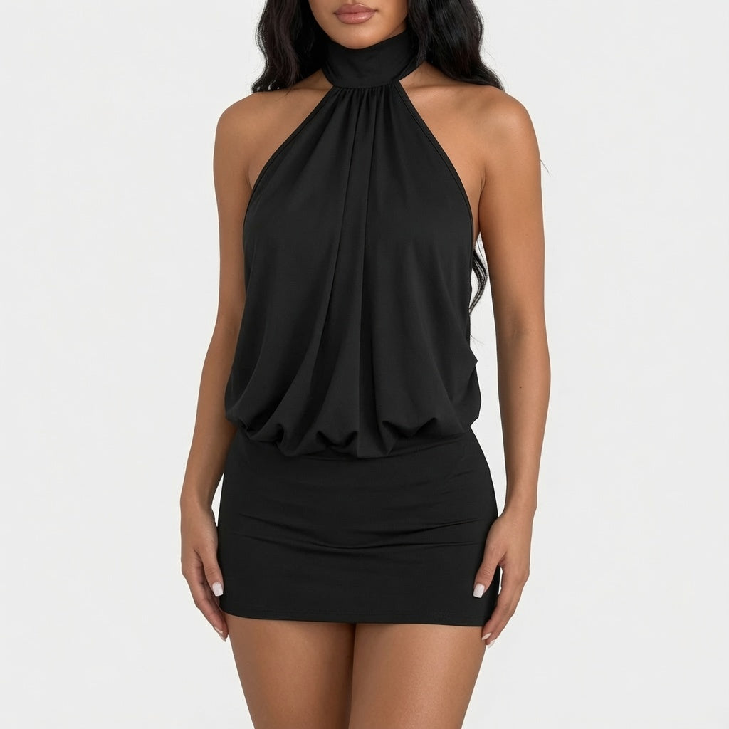 The Elara Cowl-Back Halter Mini