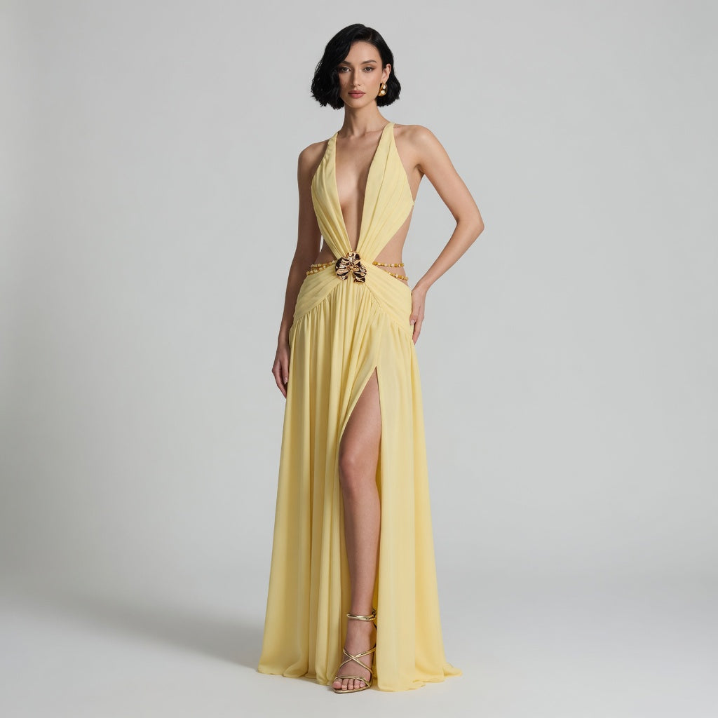 The Elara Deep V Backless Orchid Brooch Gown