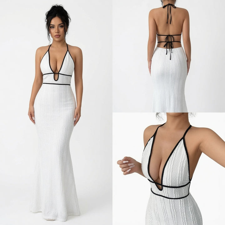 The Elara Contrast Trim Halter Backless Maxi Dress
