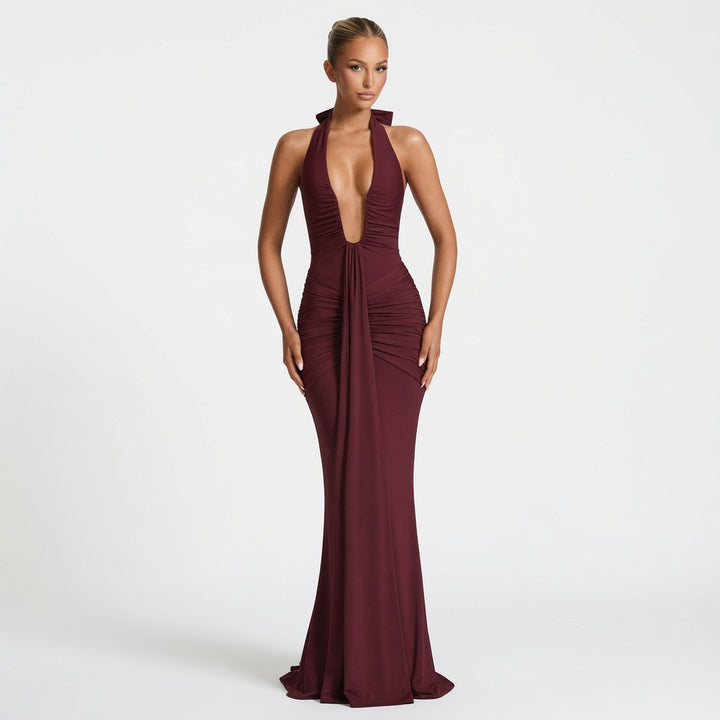 The Elara Plunging Ruched Mermaid Dress