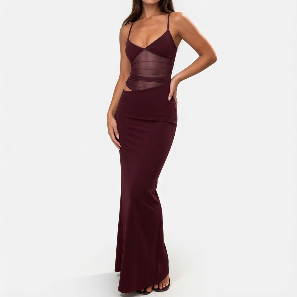 The Elara Sheer Mesh Cami Maxi Dress