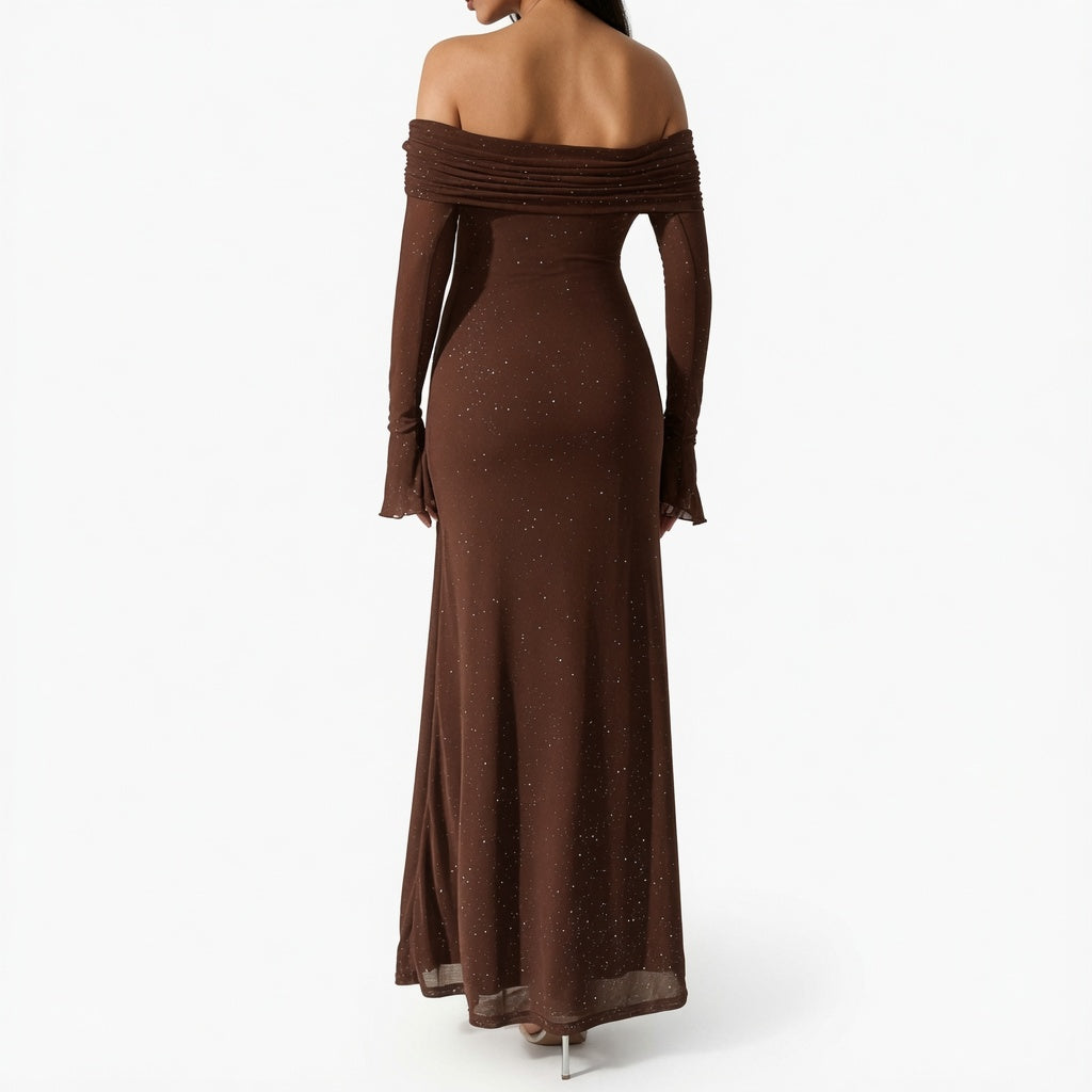 The Elara Stardust Off Shoulder Ruched Maxi Dress