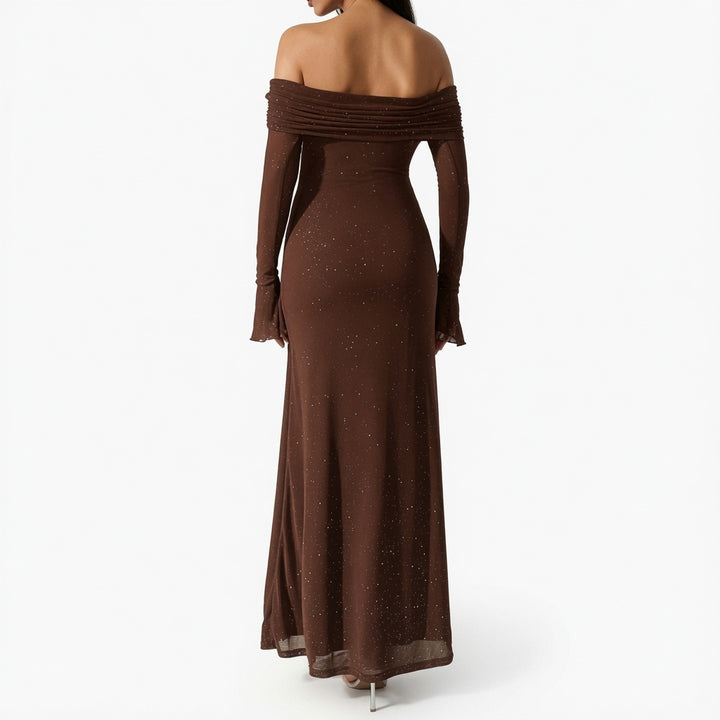 The Elara Stardust Off Shoulder Ruched Maxi Dress
