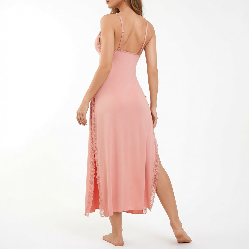 The Elara Lace-Trim Side-Slit Slip Nightgown