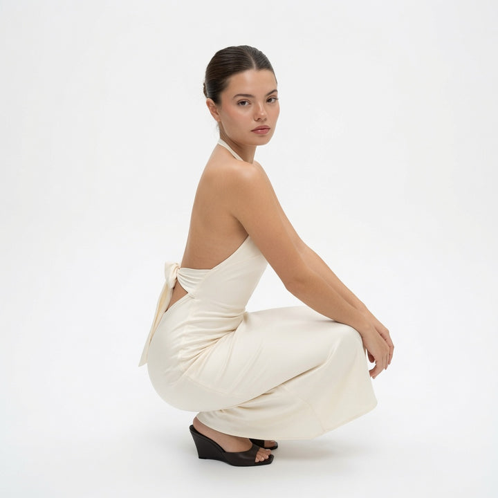 The Elara Halter Tie Back Mermaid Maxi Dress