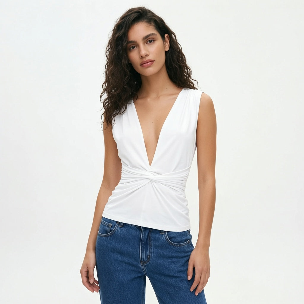 The Elara Twist-Front Deep V Sleeveless Top