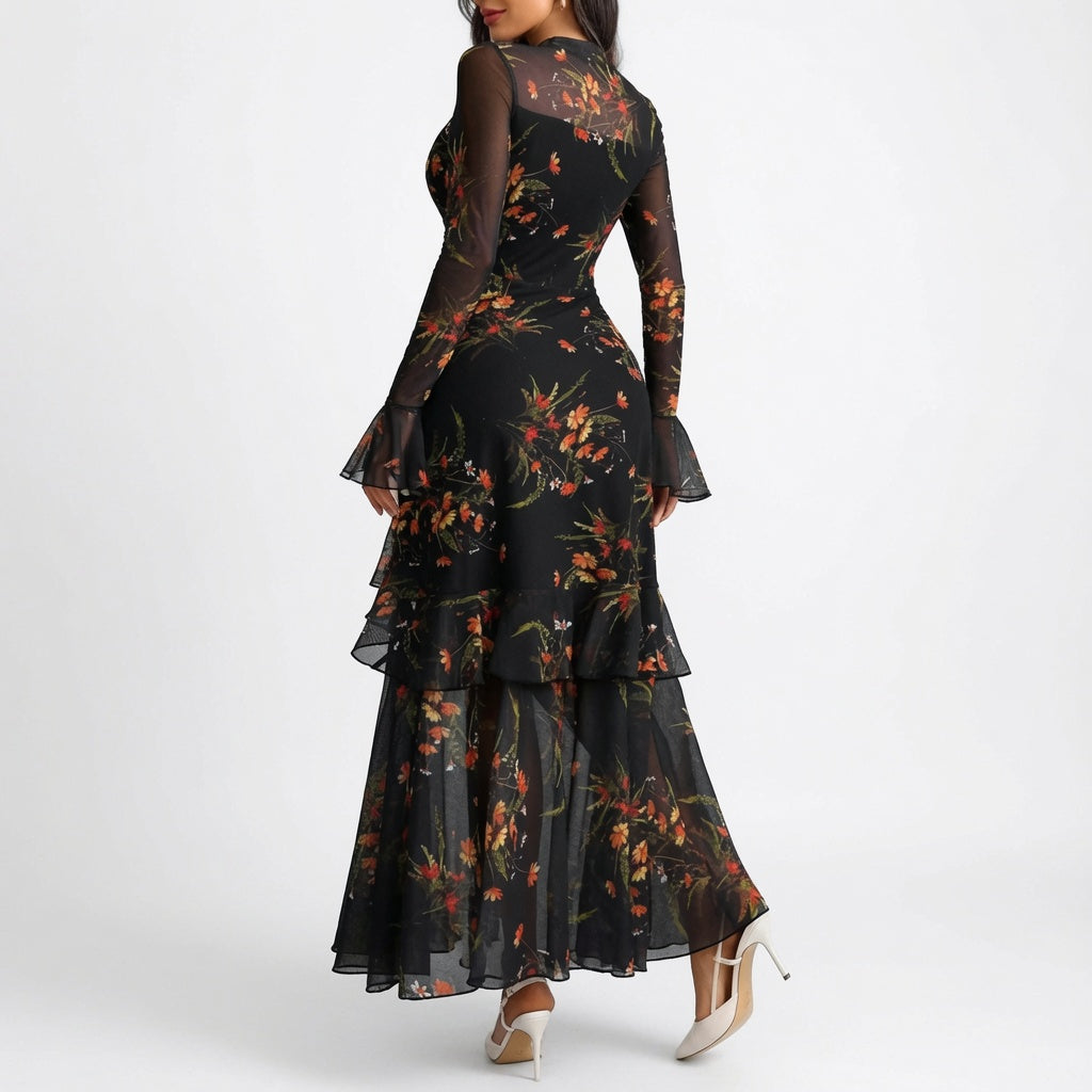 The Elara Sheer Mesh Tiered Ruffle Maxi Dress