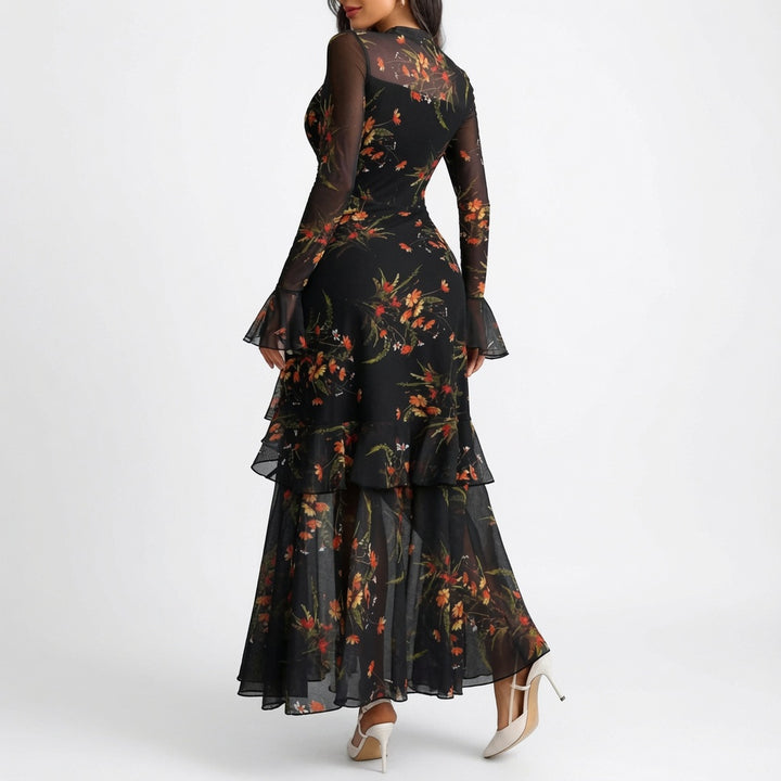 The Elara Sheer Mesh Tiered Ruffle Maxi Dress