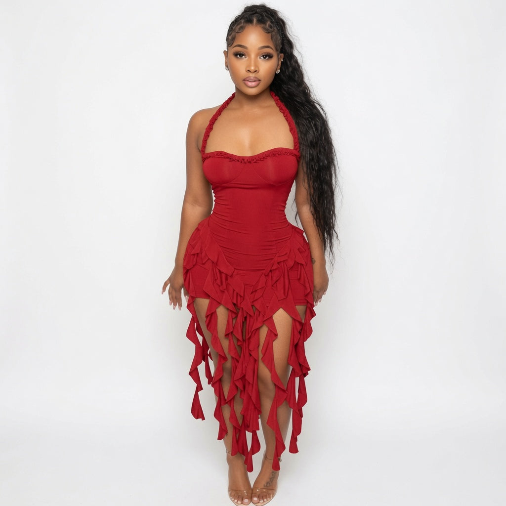 The Elara Fringed Halter Bodycon Mini