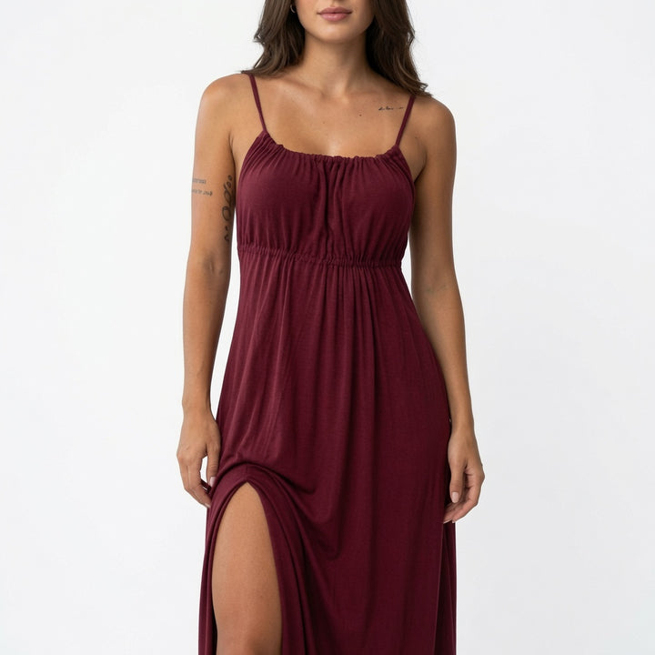 The Elara Ruched Tie Back Maxi Dress