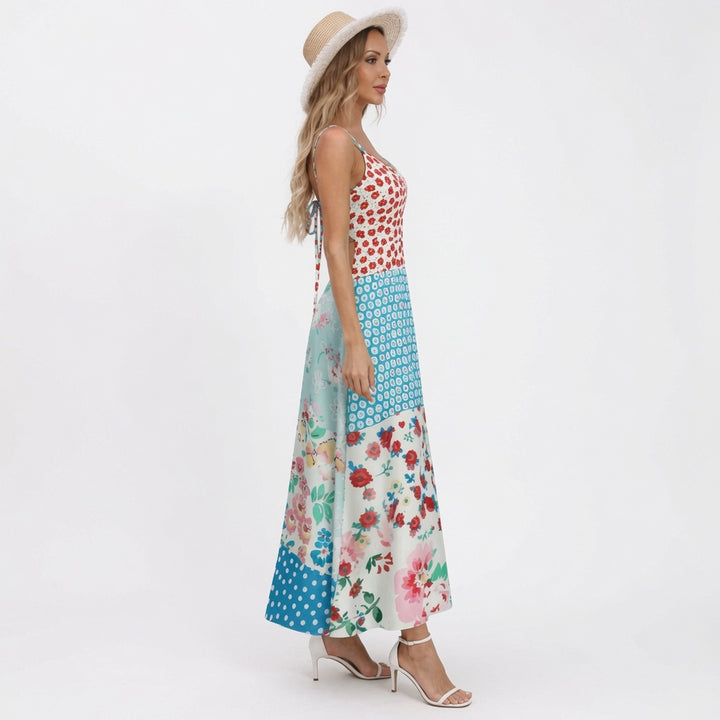 The Elara Bohemian Patchwork Open Back Tie Maxi Dress