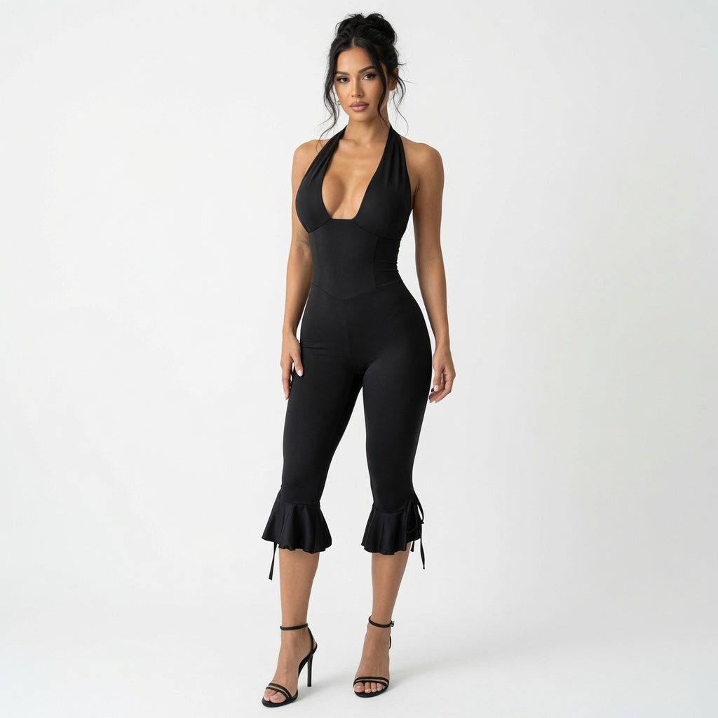 The Elara Deep V  Ruffle Flare Capri Jumpsuit
