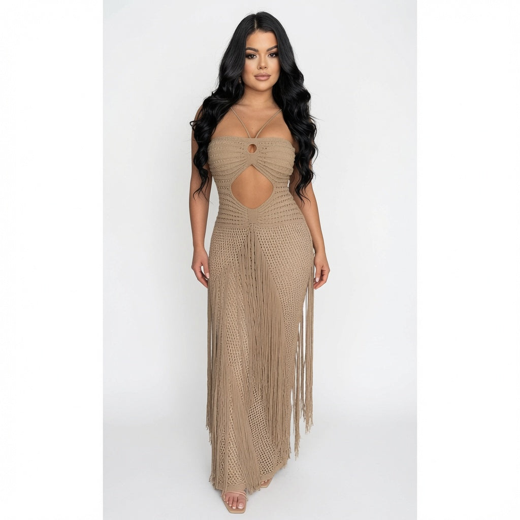 The Elara Boho Fringe Cutout  Crochet  Maxi Dress
