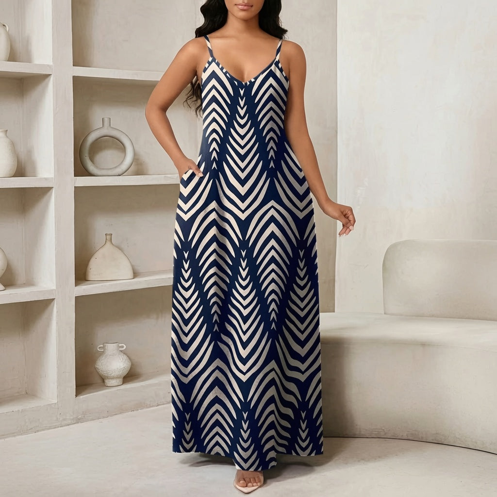 The Elara Loose Fit Graphic Maxi Dress with Pockets