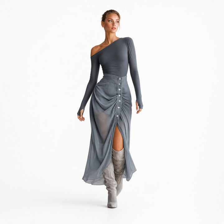 The Elara One-Shoulder Chiffon Two-Piece Set