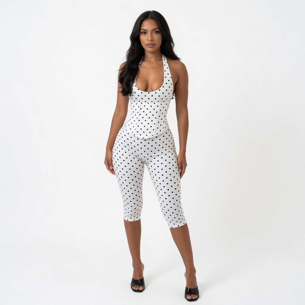 The Elara Polka Dot Fishbone Corset Capri Set