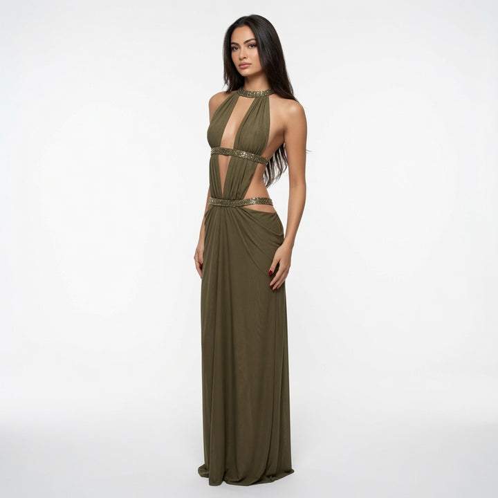 The Elara Cutout Rhinestone Halter Maxi Dress