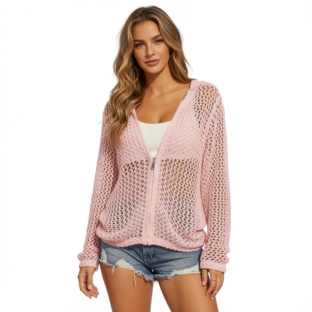 The Elara Open-Knit Hooded Zip Cover-Up