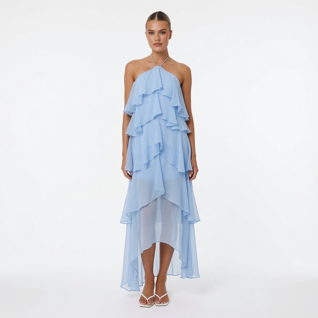 The Elara Cascading Ruffle Halter Dress