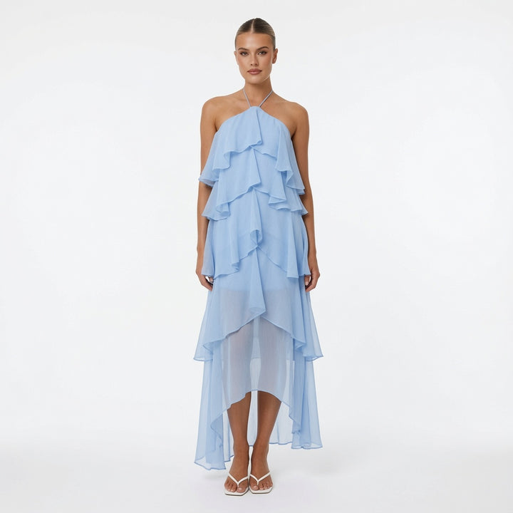 The Elara Cascading Ruffle Halter Dress