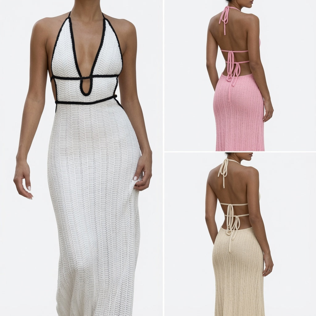 The Elara Contrast Trim Halter Backless Maxi Dress