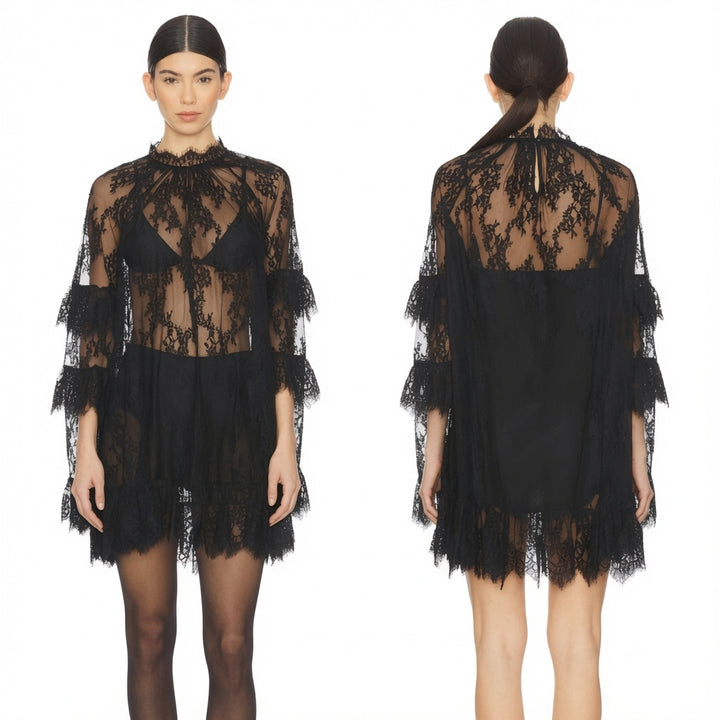 The Elara Sheer Lace Ruffle Mini Dress