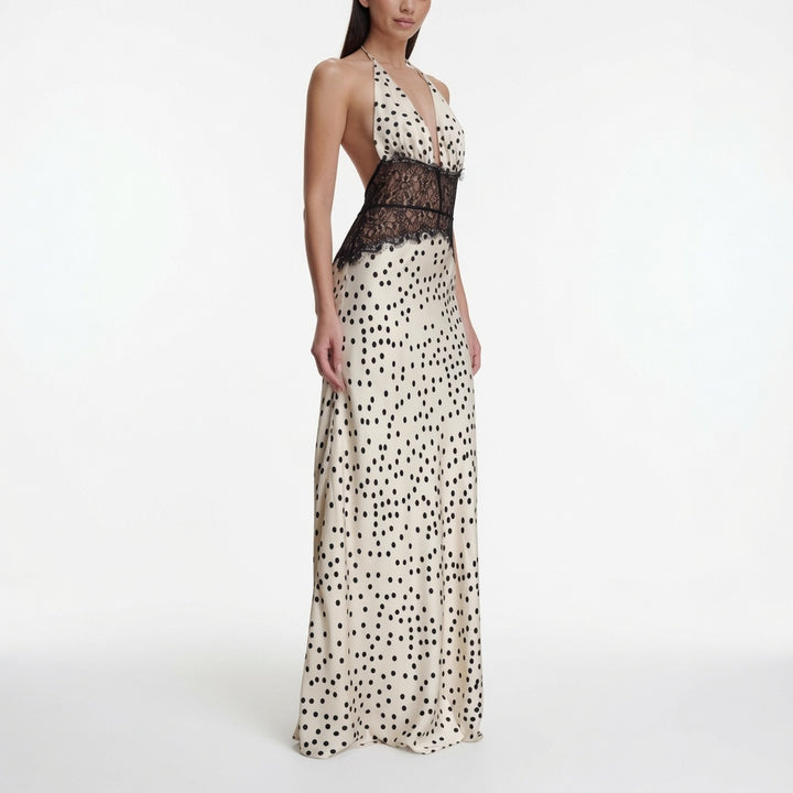 The Elara Lace Polka Dot Maxi Dress
