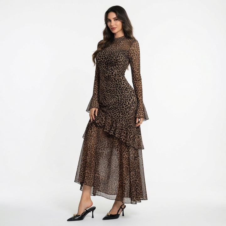 The Elara Leopard Mesh Tiered Ruffle Maxi