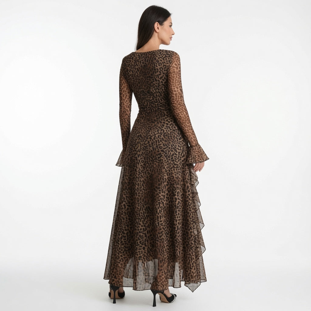 The Elara Leopard Ruffle Mesh Maxi Dress
