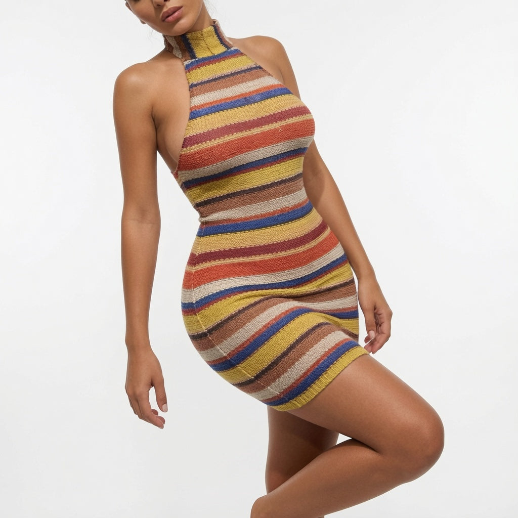 The Elara Rainbow Stripe Halter Dress
