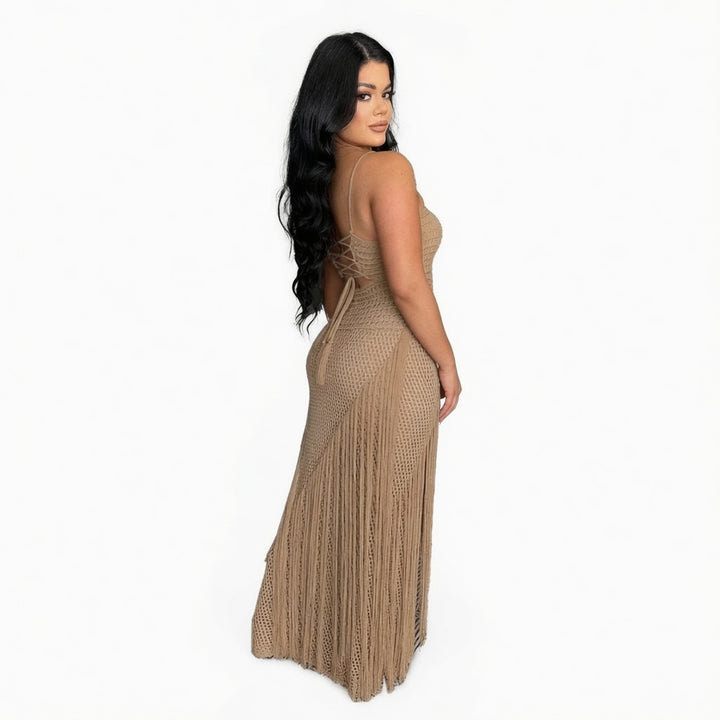 The Elara Boho Fringe Cutout  Crochet  Maxi Dress