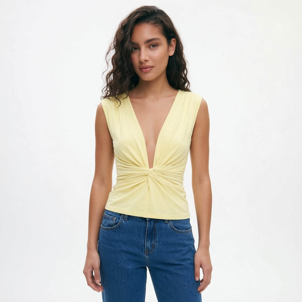 The Elara Twist-Front Deep V Sleeveless Top