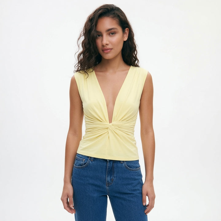 The Elara Twist-Front Deep V Sleeveless Top