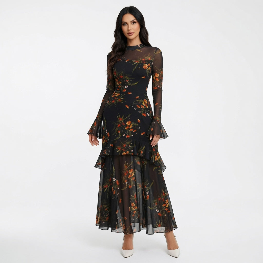 The Elara Sheer Mesh Tiered Ruffle Maxi Dress