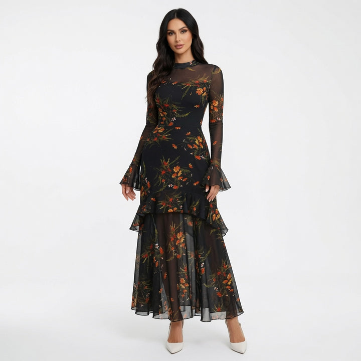 The Elara Sheer Mesh Tiered Ruffle Maxi Dress