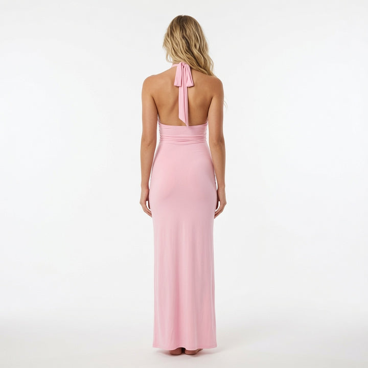 The Elara Celeste Gold Detail Halter Maxi Dress
