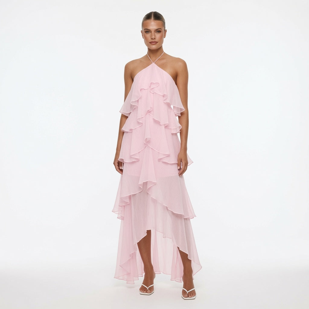 The Elara Cascading Ruffle Halter Dress